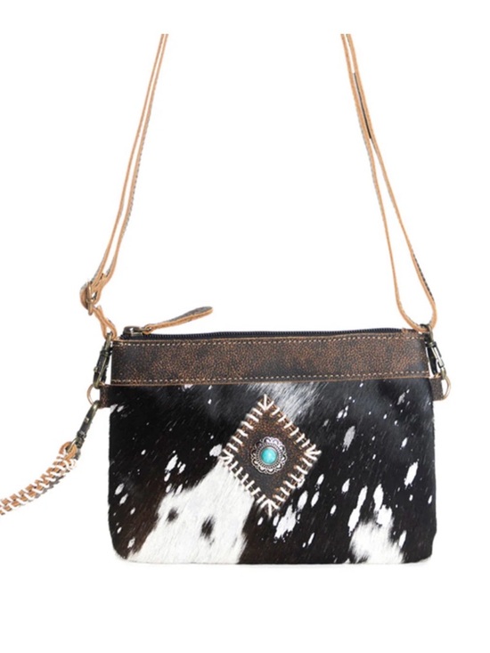 Myra Bag Handbags - NWT Cowhide Crossbody Bag with Turquoise Accent - Black & White